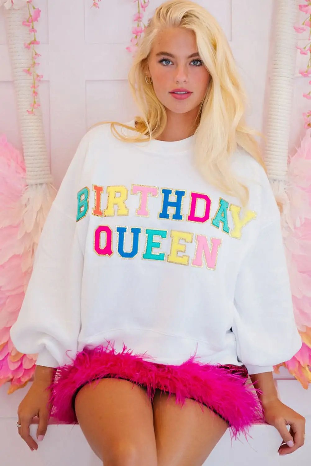 White BIRTHDAY QUEEN Graphic Balloon Sleeve Sweatshirt - Love Salve